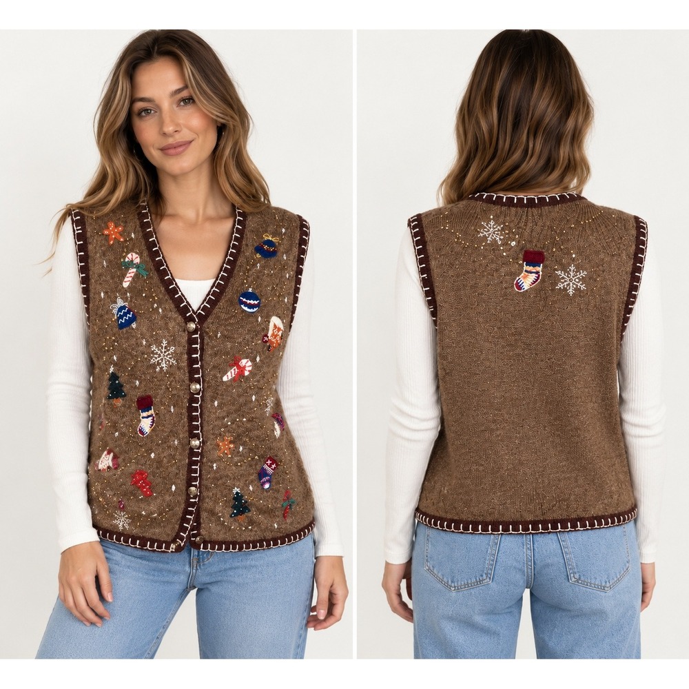 Vintage Studio Fa La La Christmas Sweater Vest XL Embroidered Beaded NWT